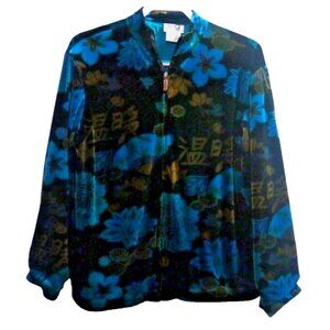 RED WEAR blue & gold floral Asian style velour full zip jacket Women's size S